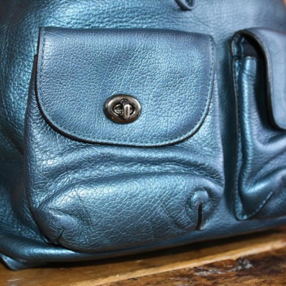 Coach Mickie Metallic Blue Leather Backpack - Picture 3 of 6